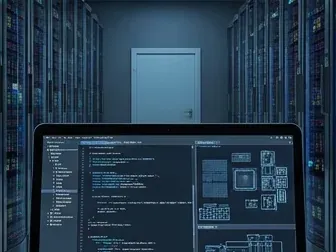 A server room lined with equipment racks, with a laptop displaying code in the foreground.