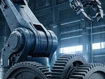 An industrial robotic arm positioned above large steel gears on a manufacturing floor.