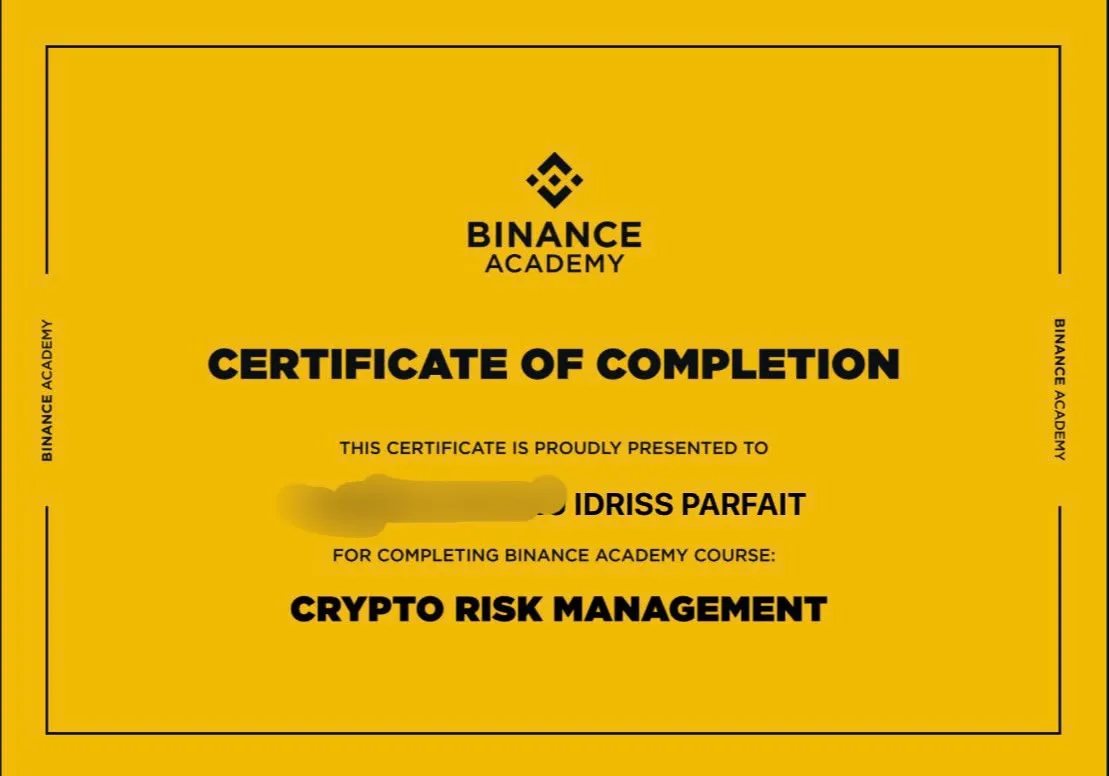 A Binance Academy certificate of completion for a Crypto Risk Management course, presented to Idriss Parfait.