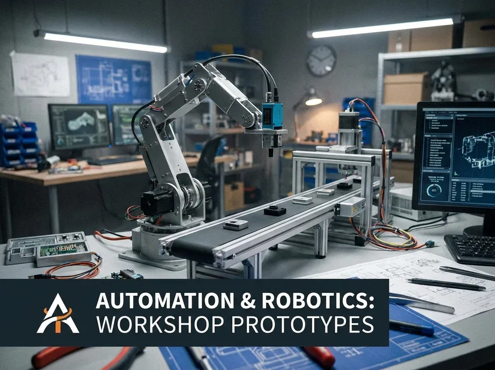 An automated robotic assembly cell operating on a production line.